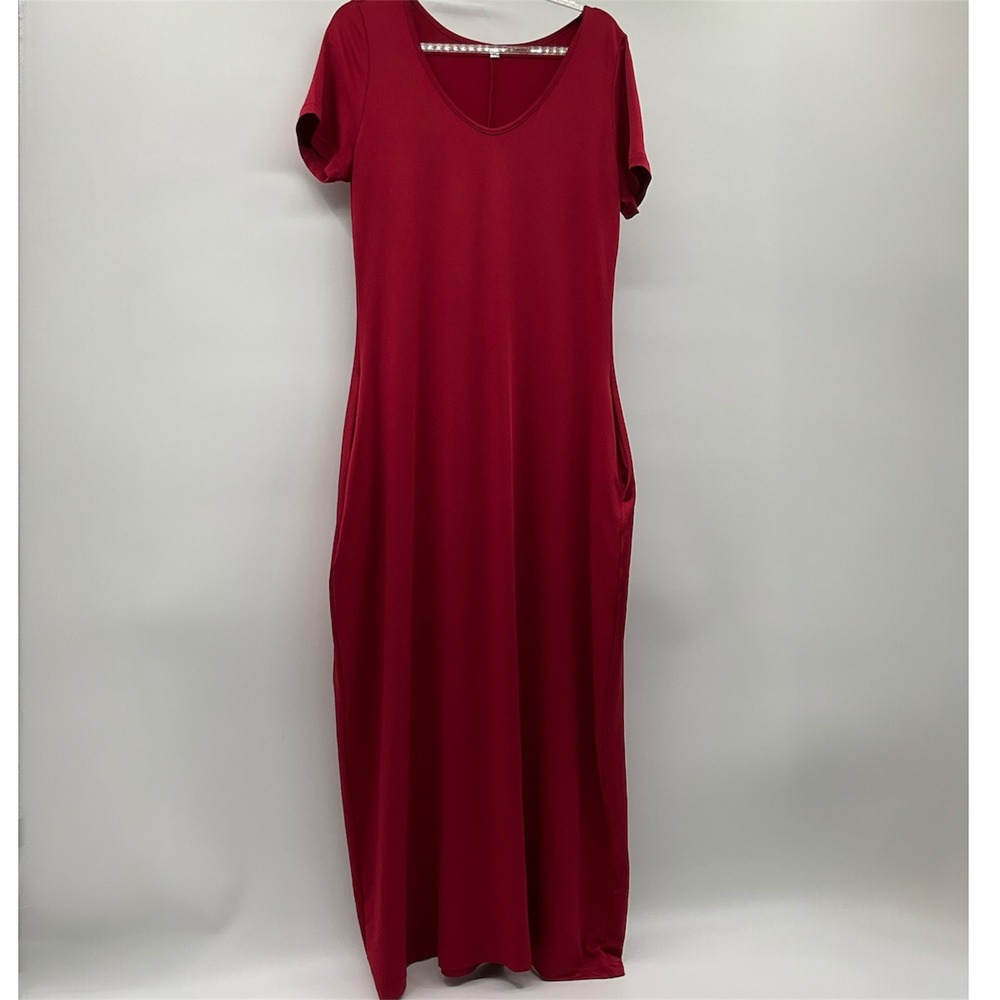Red Maxi Dress Short Sleeve Size Medium Stretchy Flowy Long Casual Comfortable